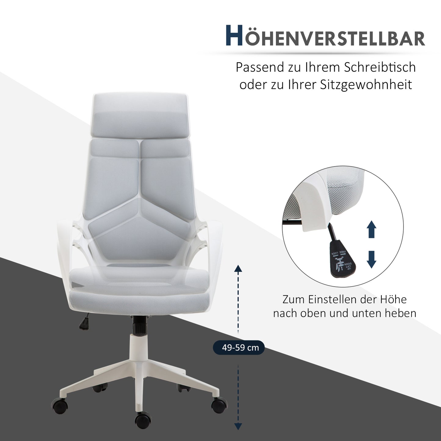 HOMCOM Ergonomischer Bürostuhl, Netz-Gewebe, höhenverstellbar, drehbar, rollbarer Schreibtischstuhl, Grau+Weiß