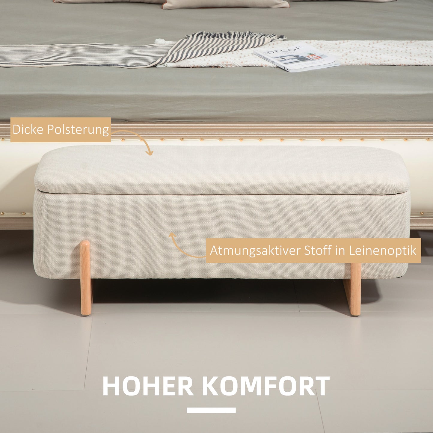 HOMCOM Hocker mit Stauraum, Sitzbank mit Schaumstoffpolsterung, Leinenimitat, 111 x 44 x 44,5 cm, Cremeweiß