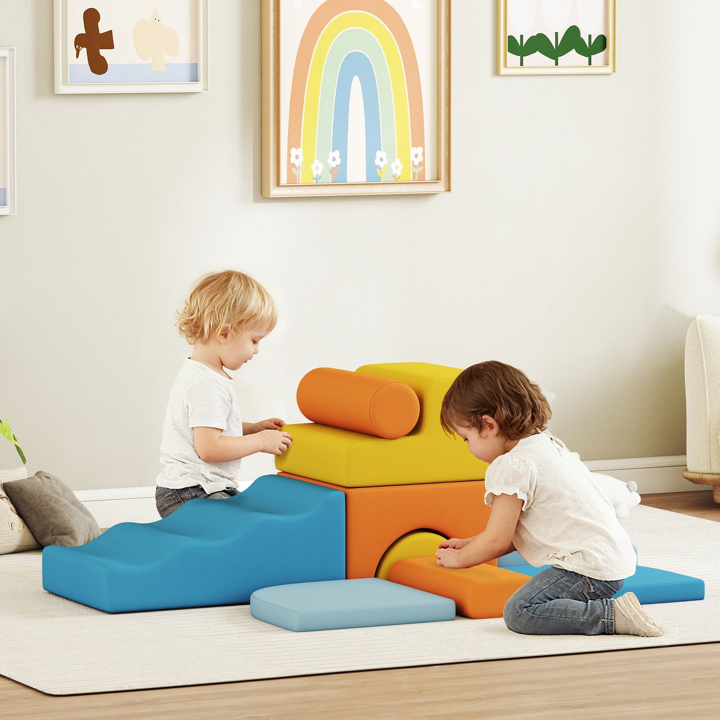 AIYAPLAY 9-teiliges Soft-Baustein-Set, weiche Blöcke zum Bauen und Spielen, Indoor-Spielset für Kleinkinder, Schaumstoff, Bunt