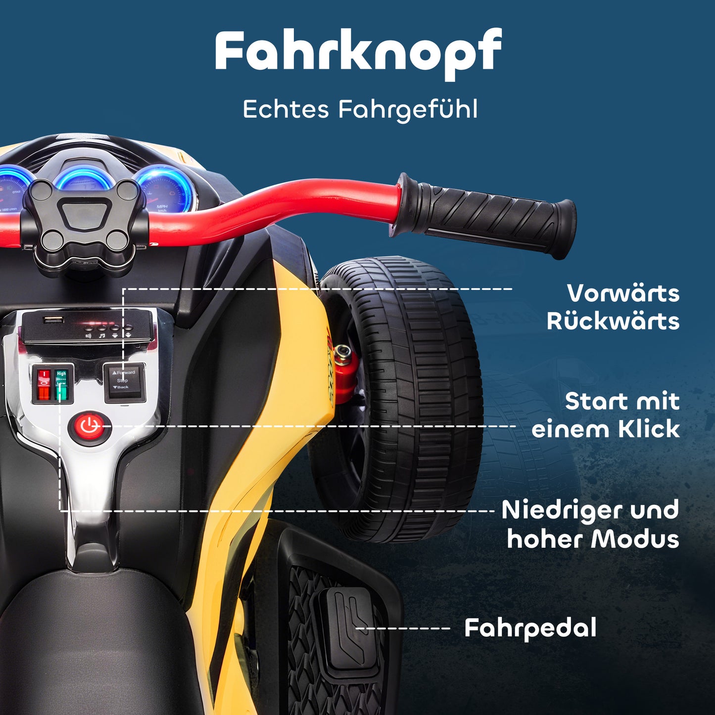 AIYAPLAY Elektrisches Kinderfahrzeug, Reverse-Dreirad-Design, Batteriebetrieb, MP3-Player, Hupe, 2 Geschwindigkeiten, LED-Lichter, 3-8 Jahre, Gelb