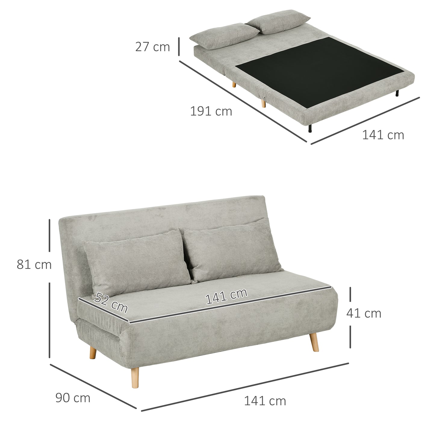 HOMCOM Schlafsofa, Gästebett, 3-fach verstellbare Rückenlehne, Leinenoptik, bis 120 kg, 141 x 90 x 81 cm, Grau