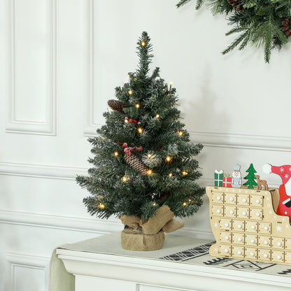 HOMCOM Weihnachtsbaum mit LED-Beleuchtung, 60 cm, Tannenzapfen und rote Beeren, inkl. Ständer, Grün/Weiß