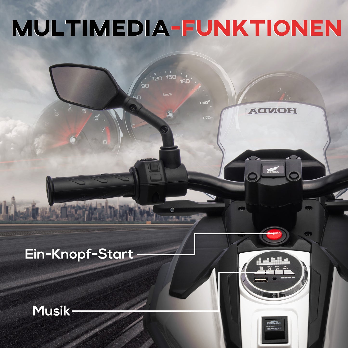 AIYAPLAY Elektro-Kindermotorrad, Honda, 3 km/h, Musik & Licht, 3-6 Jahre, bis 30 kg, Weiß