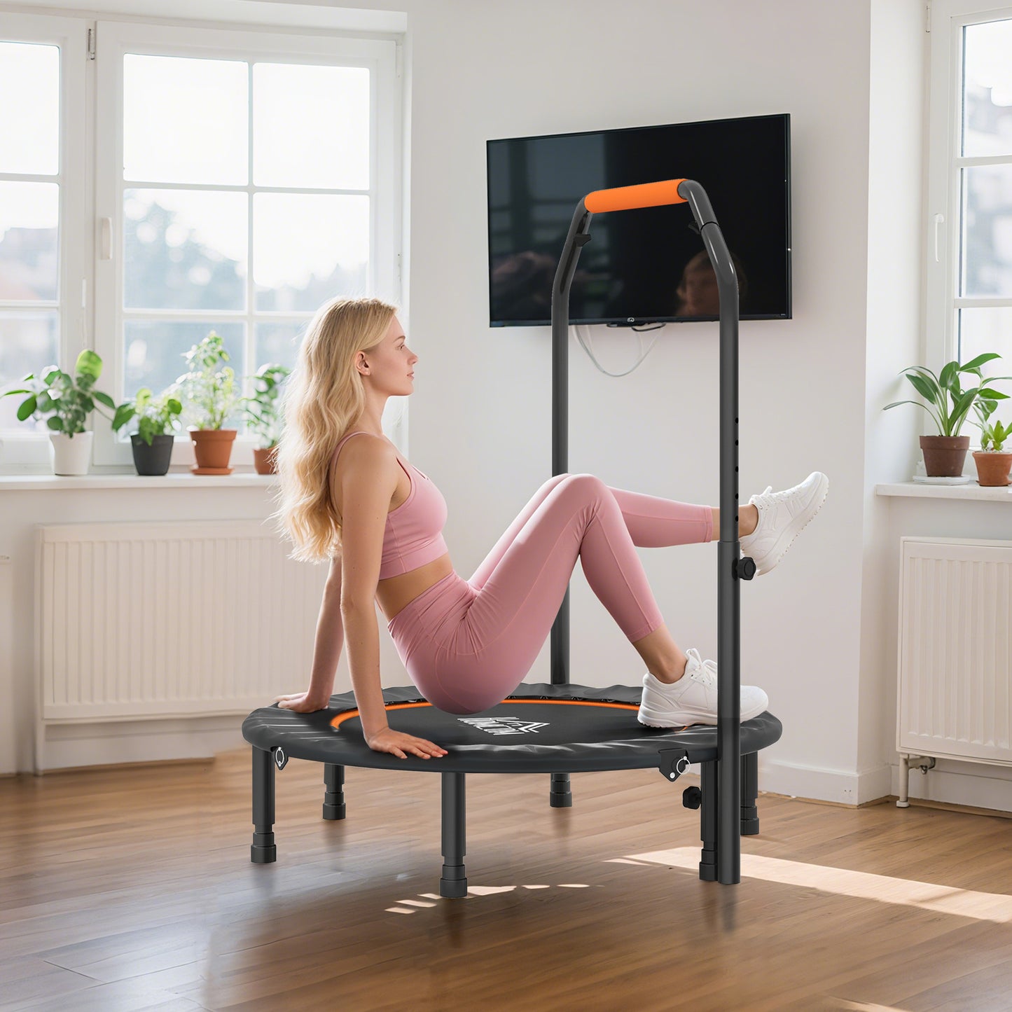 HOMCOM Fitnesstrampolin, klappbar, verstellbarer Haltegriff, Ø102 x 123H cm, bis 100 kg, Schwarz