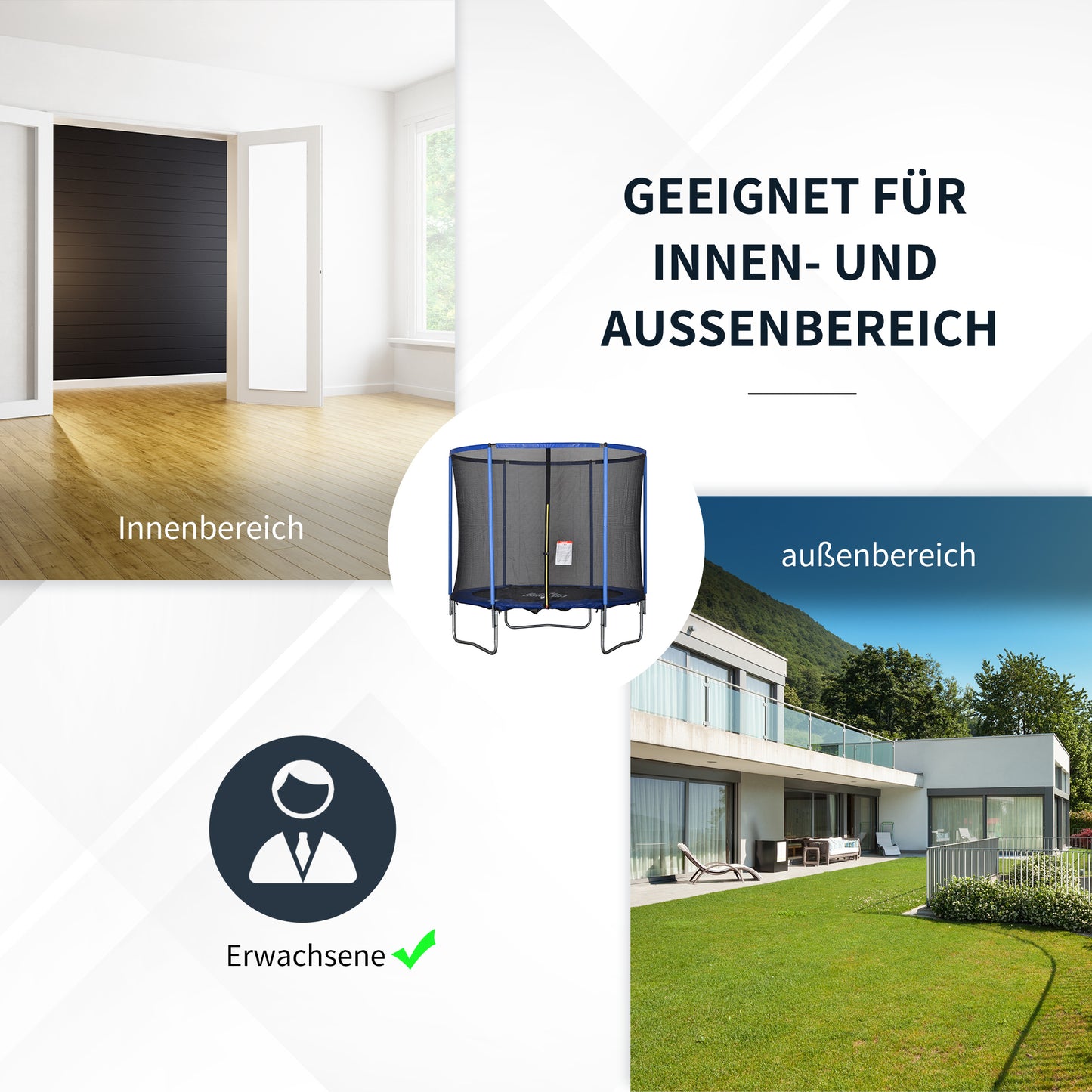 HOMCOM Trampolin mit Sicherheitsnetz Gartentrampolin für Innen- und Außenbereich Fitnesstrampolin für Jugendliche und Erwachsene Stahl Blau+Schwarz bis 113,6 kg Ø244 x 240H cm
