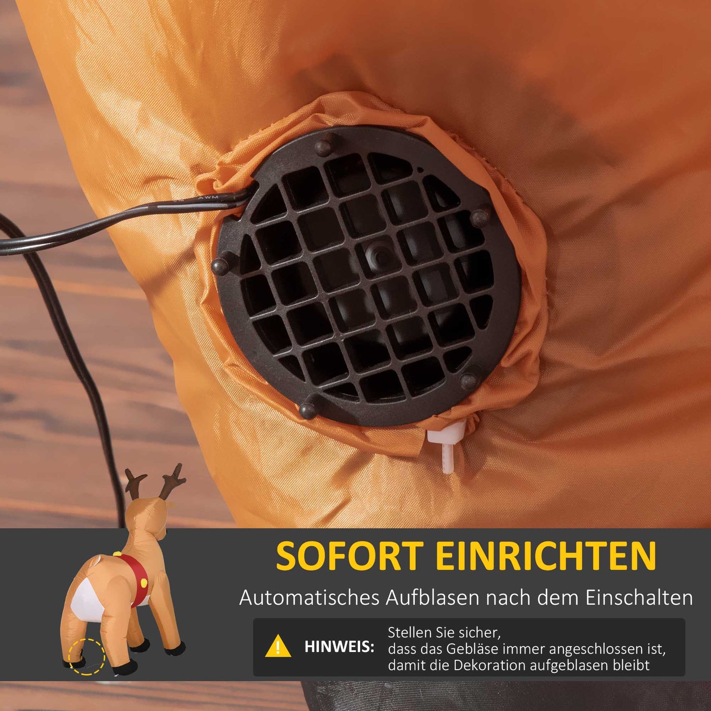 HOMCOM Aufblasbares Rentier, 1,8 m, LED-Lichter, Zubehör, automatisches Aufblasen, Gelb