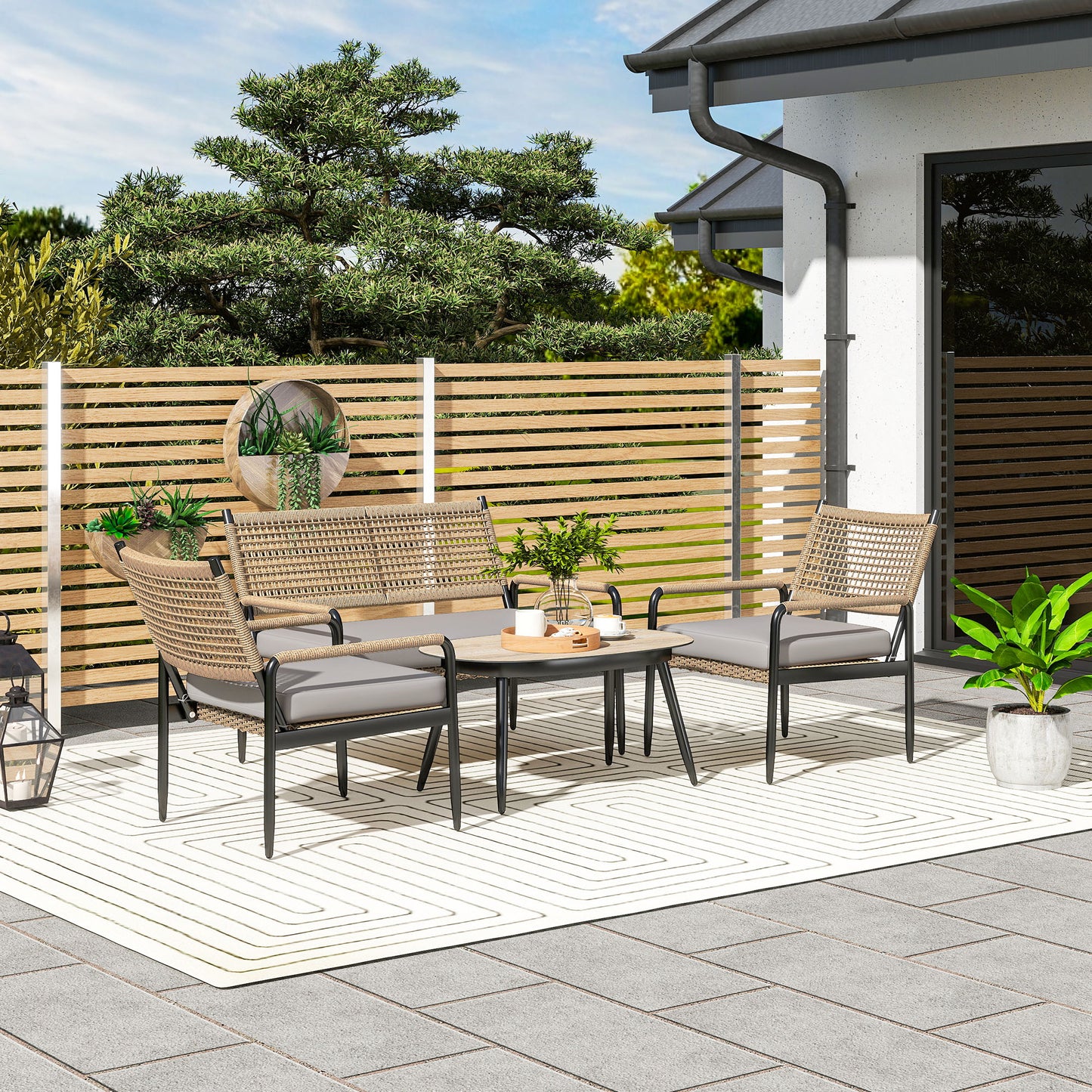 Outsunny Gartenmöbel Set från Polyrattan Lounge-Set mit 2er Sofa Sessel Glastisch Kissen für 4 Personen Dunkelgrau+Gelb
