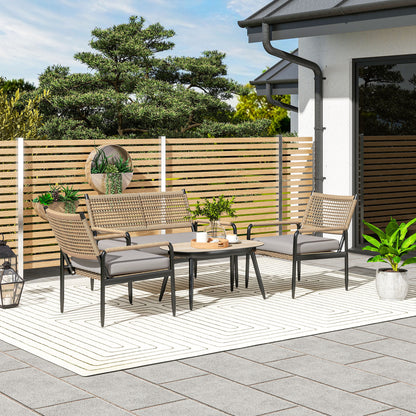 Outsunny Gartenmöbel Set från Polyrattan Lounge-Set mit 2er Sofa Sessel Glastisch Kissen für 4 Personen Dunkelgrau+Gelb