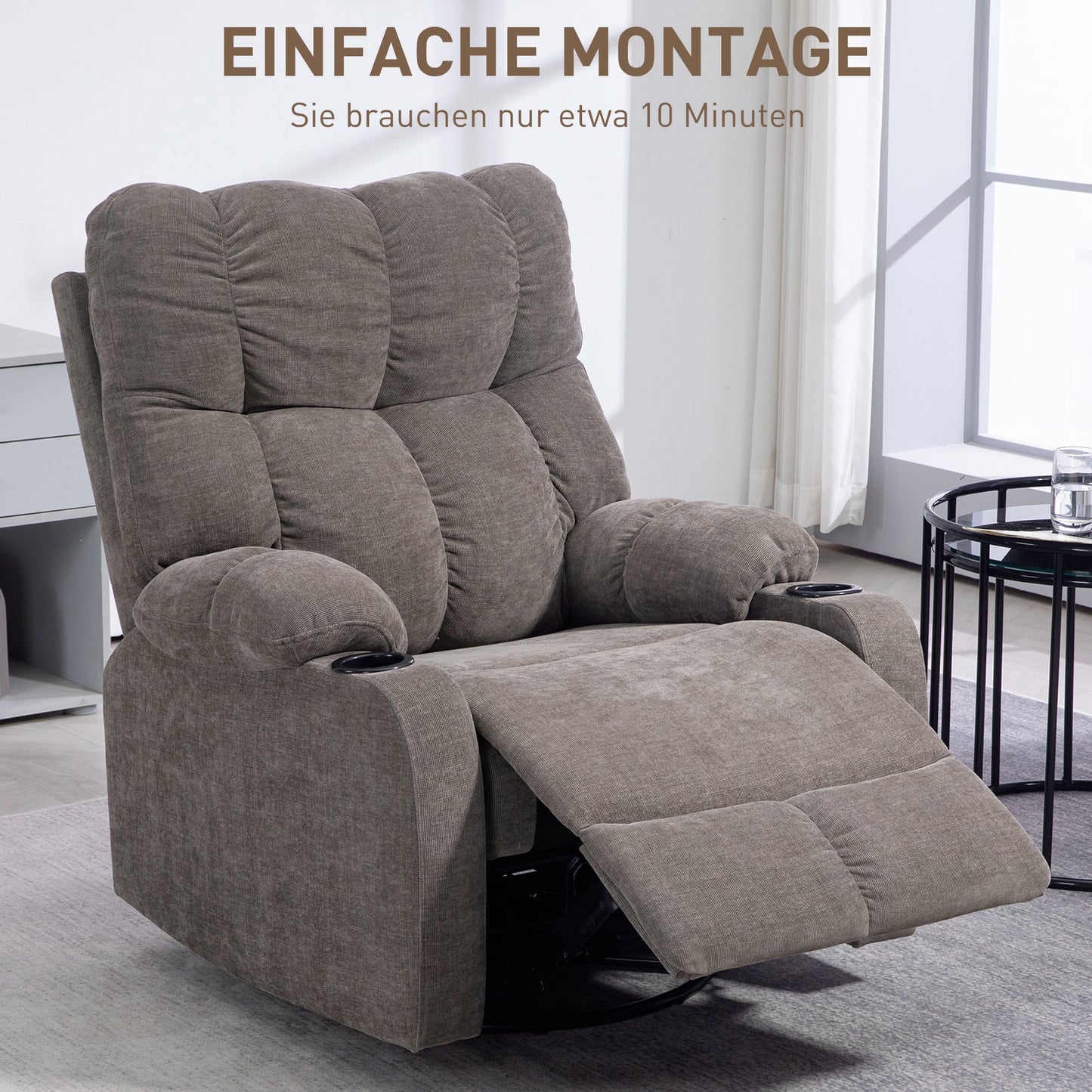 HOMCOM Relaxsessel mit Fußstütze, Loungesessel modern, drehbar, bis 150 kg, Stahlrahmen, 88x96x108cm, Hellbraun