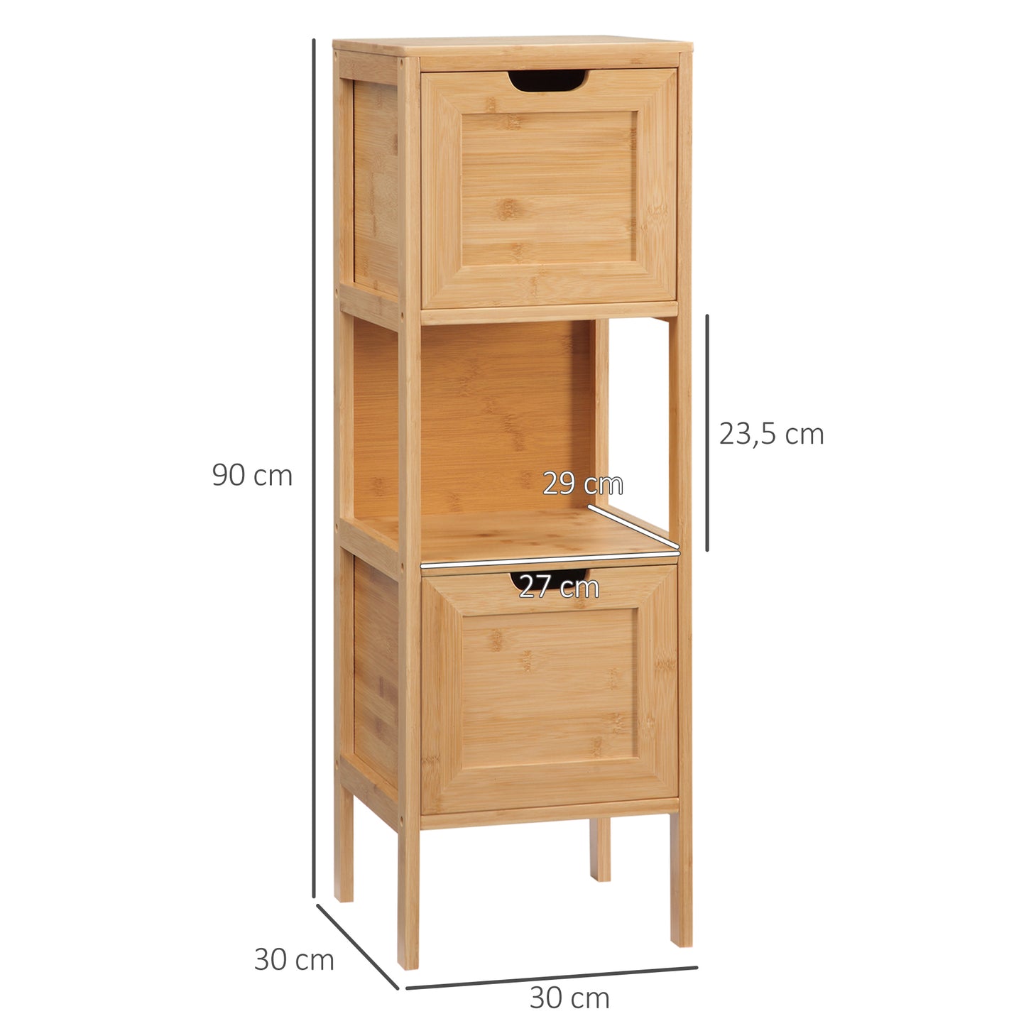 kleankin Badezimmerschrank aus Bambus, 1 Regal, 2 Schubladen, 30 cm x 30 cm x 90 cm; Natur