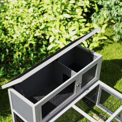 PawHut Hasenstall 2 Ebenen mit klappbar Dach Kaninchenstall aus Vollholz Winterfest Doppelstockhaus 122x95x93,5 cm Grau