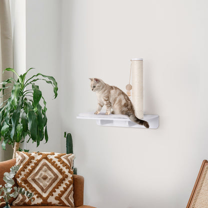 PawHut Kletterwand Katzen, Wandkratzbaum, Katzenliege mit Kratzbaum,53cm Katzenregal mit Ballspielzeug, Plüschauflage, Katzenkratzbaum, Katzensäule, Weiß