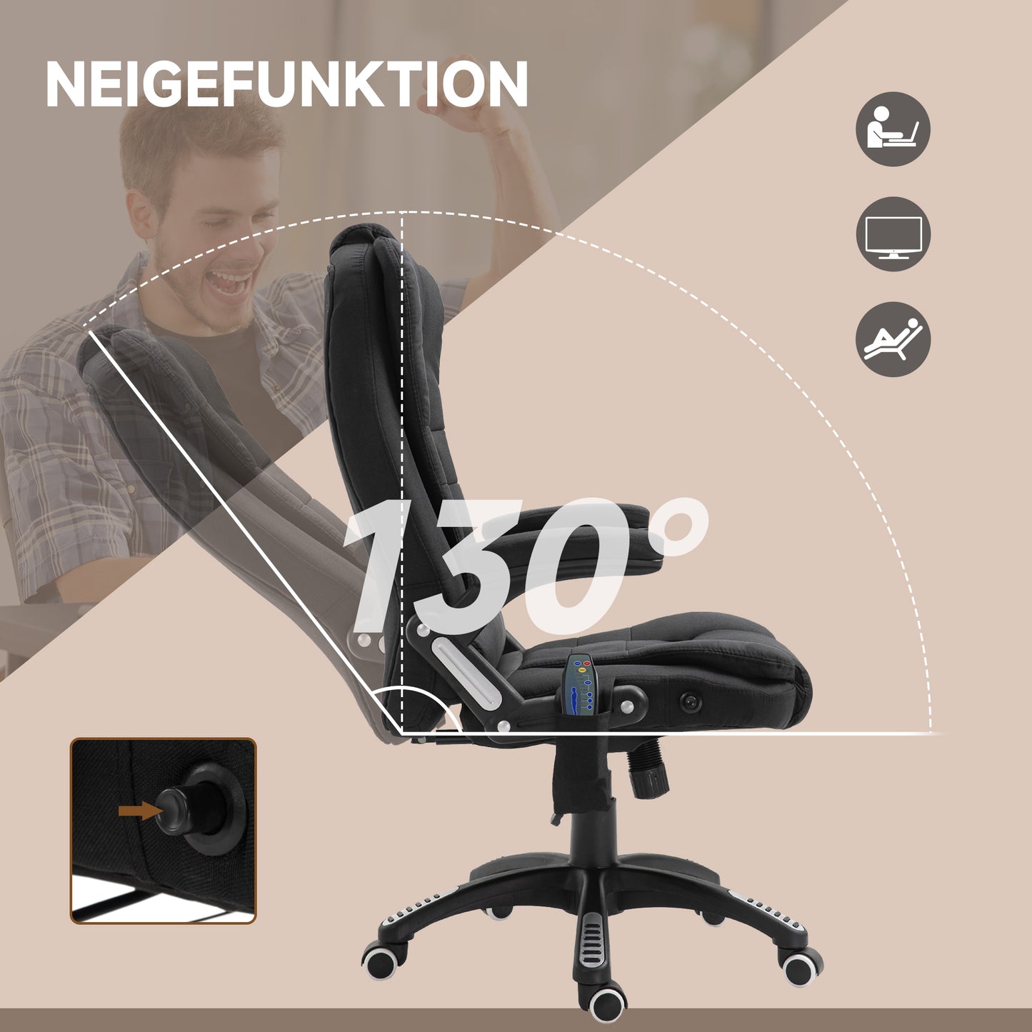 Vinsetto Bürostuhl mit Vibrationsmassage, Ergonomisch Schreibtischstuhl mit Heiz-, Liegefunktion, Höhenverstellbar Chefsessel mit Fernbedienung, Seitentasche, Leinenoptik, Schwarz