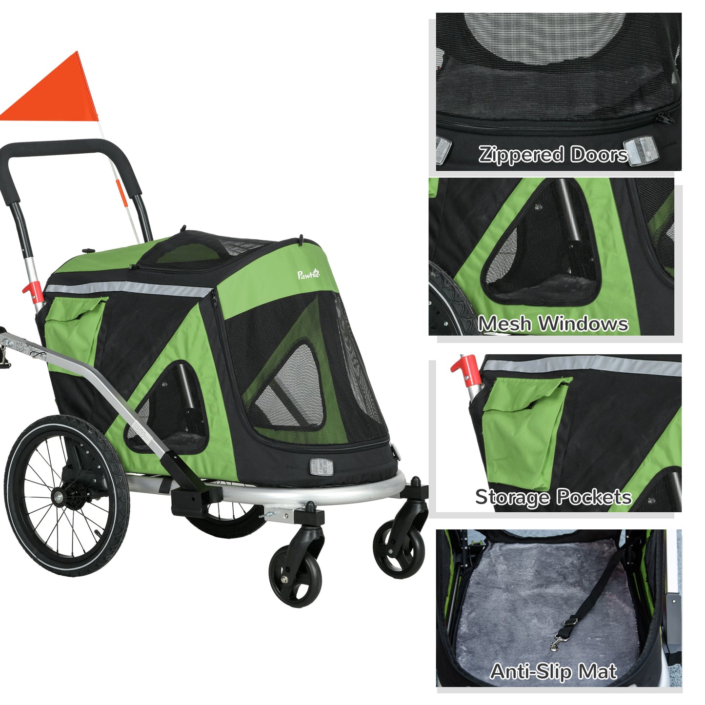 PawHut 2-i-1 Hundebuggy Hundejogger Fahrradanhänger till 20kg 2 Reflektoren 1 Sicherheitsleine 150 x 68 x 95 cm Grün