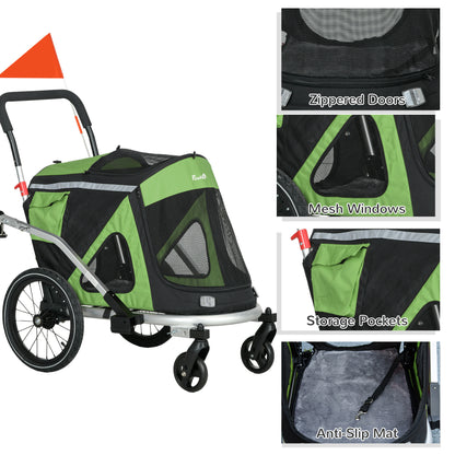 PawHut 2-i-1 Hundebuggy Hundejogger Fahrradanhänger till 20kg 2 Reflektoren 1 Sicherheitsleine 150 x 68 x 95 cm Grün