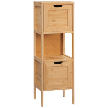 kleankin Badezimmerschrank aus Bambus, 1 Regal, 2 Schubladen, 30 cm x 30 cm x 90 cm; Natur