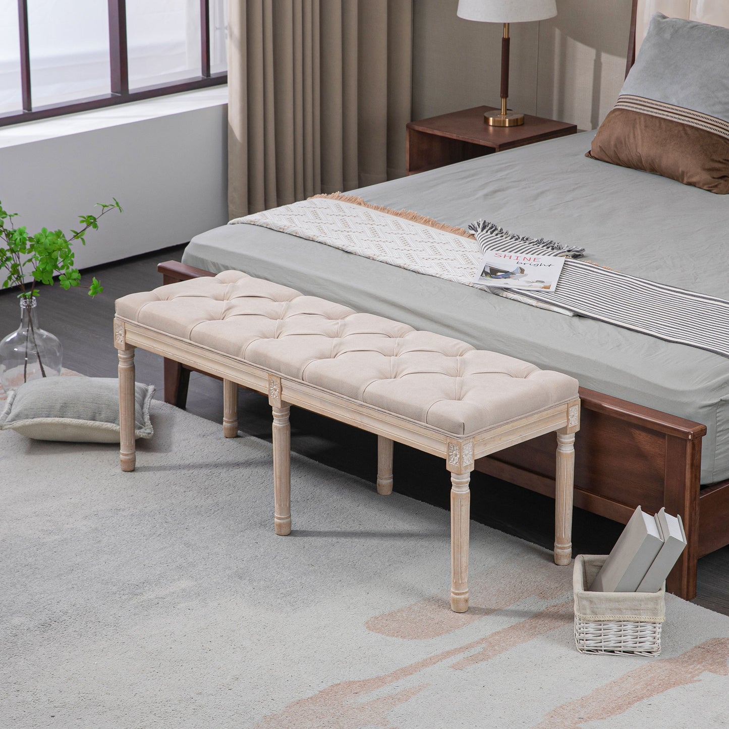 HOMCOM Sitzbank Vintagedesign Vintagebank, Knopfheftung, gedrechselte Beine, Shabby Chic, Creme + Weiß