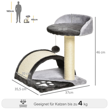 PawHut Kratzbaum 46 cm Kleiner Katzenturm mit Höhle, Spielball, Sisal-Seil, erhöhter Plattform, Katzenkratzbaum, Kletterbaum, för Katzen till 4 kg, Dunkelgrau