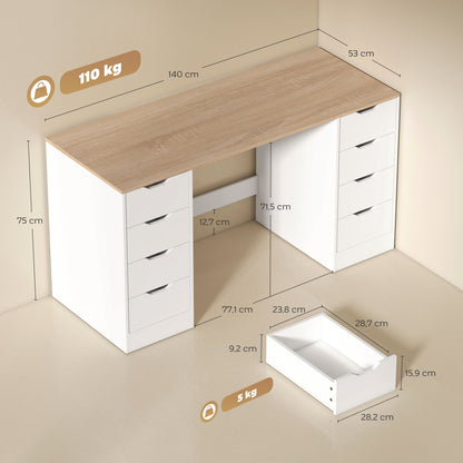 HOMCOM 140 cm Computertisch, 8 Schubladen, Schreibtisch für Homeoffice, Schlafzimmer, Stahl, Holz, Weiß