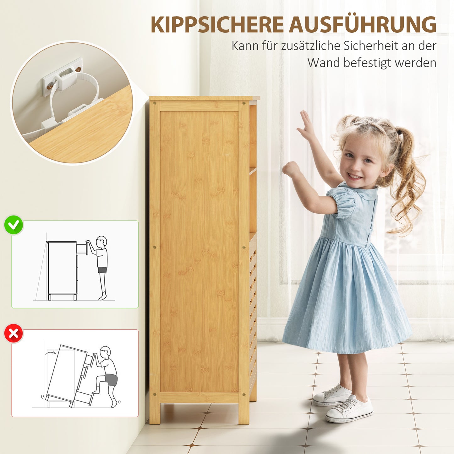 kleankin Badezimmerschrank aus Bambus, mit Lamellentüren, 2 Regale, 1 Schrank, 50 cm x 29 cm x 92 cm, Natur