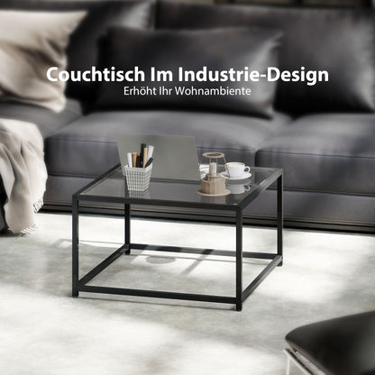 HOMCOM Beistelltisch Quadratisch Nachttisch mit Hartglas-Tischplatte, Couchtisch mit Beinen aus Stahl 68 x 68 x 39 cm Schwarz