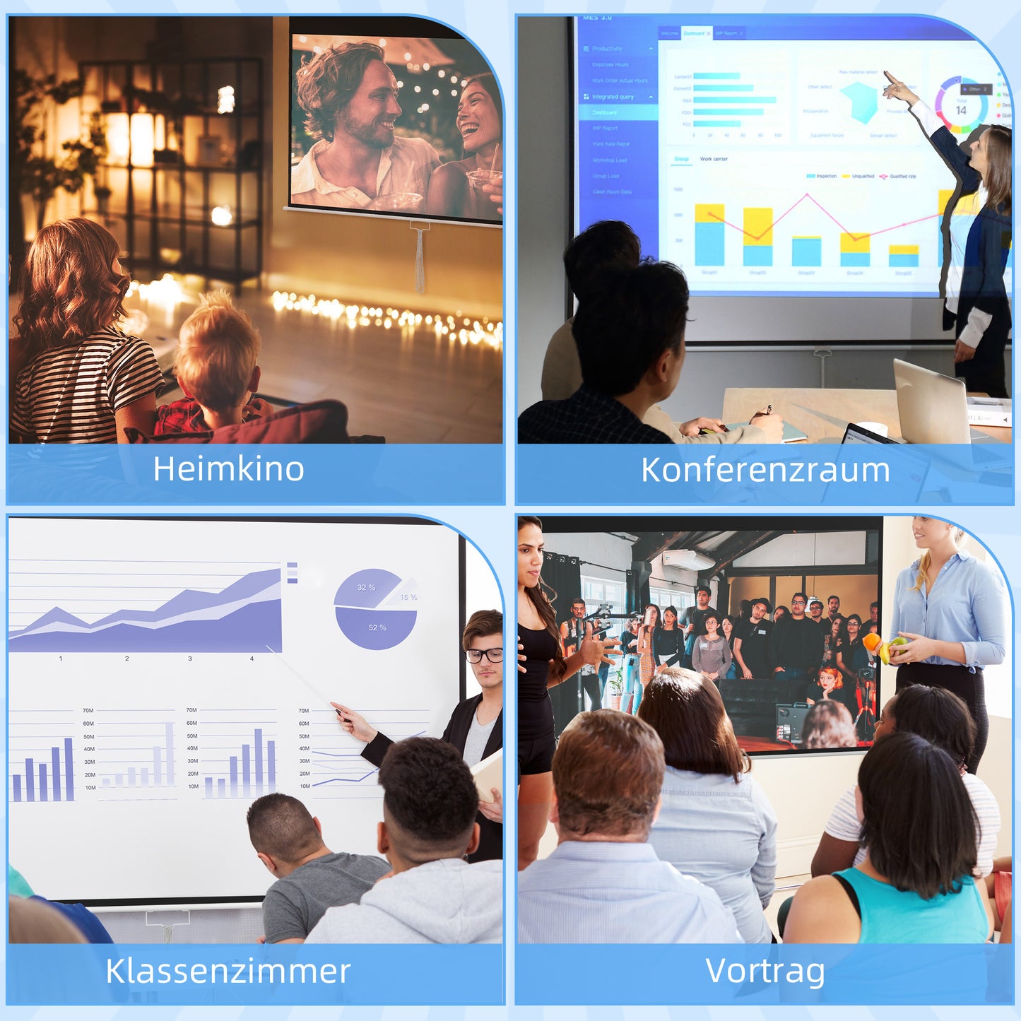 HOMCOM Beamer-Leinwand, inkl. Ständer, Wand- oder Deckenmontage, 16:9 Seitenverhältnis, 172x96 cm, Weiß