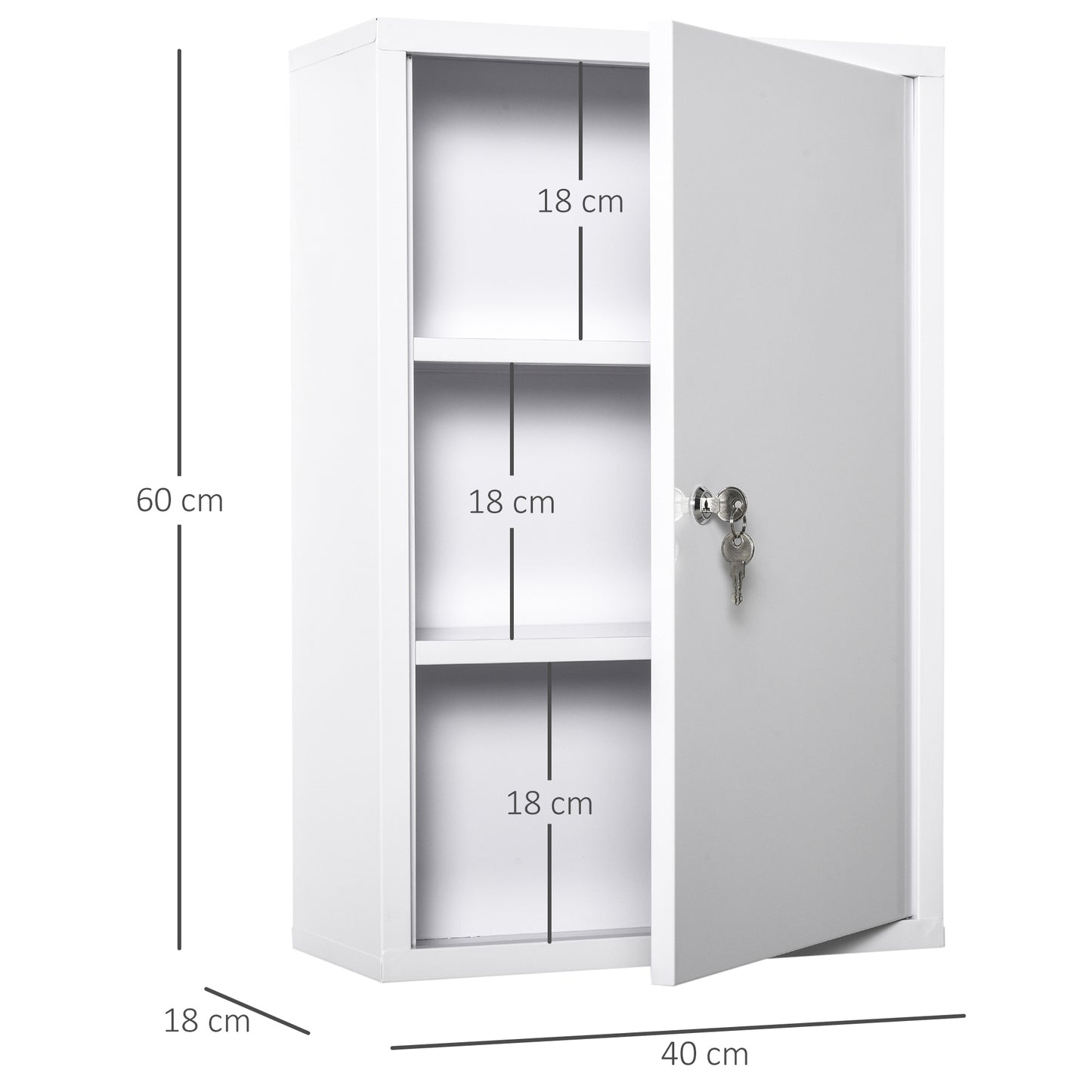 kleankin Medizinschrank Arzneischrank zur Medikamenten-Aufbewahrung, Abschließbar Medikamentenschrank Metall mit 3 Fächern Erste-Hilfe-Schrank, 40 x 18 x 60 cm, Weiß