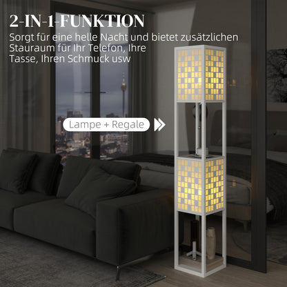 HOMCOM Stehlampe, Gittermuster, 2-Ebenen-Regale, für verschiedene Glühbirnen, Weiß