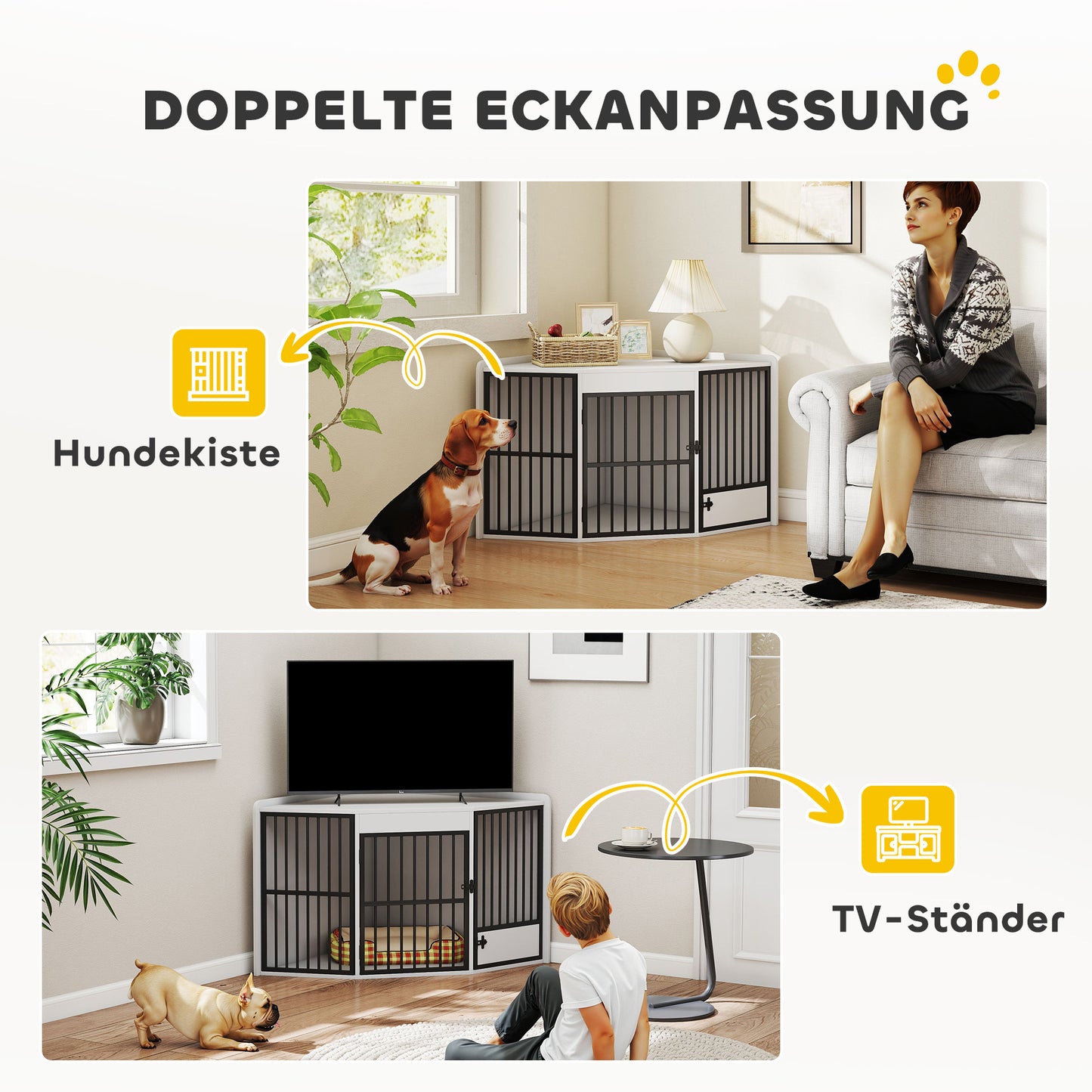 PawHut Hundebox, Aufenthaltsbox för små och mittelgroße Hunde, Haustierbox, Fütterungstür, MDF, Metall, Weiß