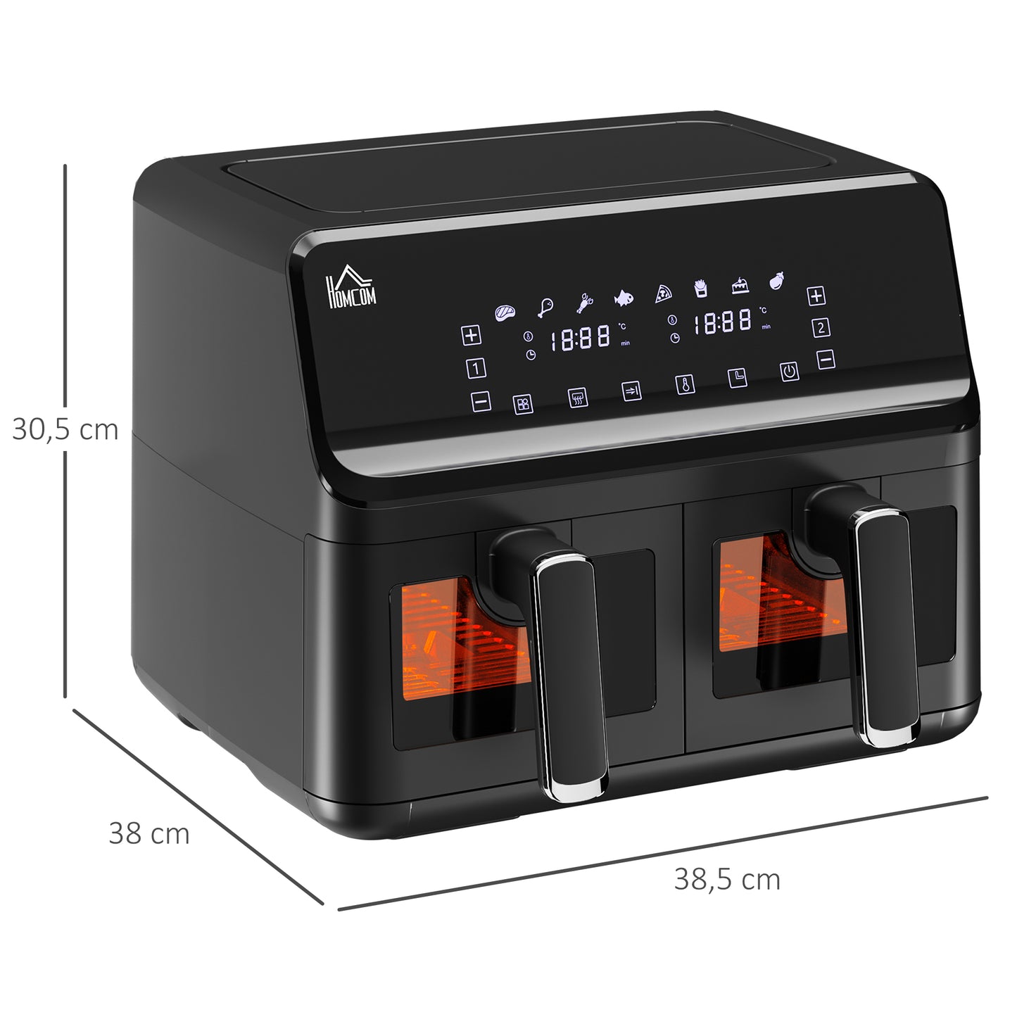 HOMCOM Heißluftfritteuse, 2 Frittierkörbe á 4 Liter, 8 Programme, Licht, Timer, 38,5 x 38 x 30,5 cm, Schwarz
