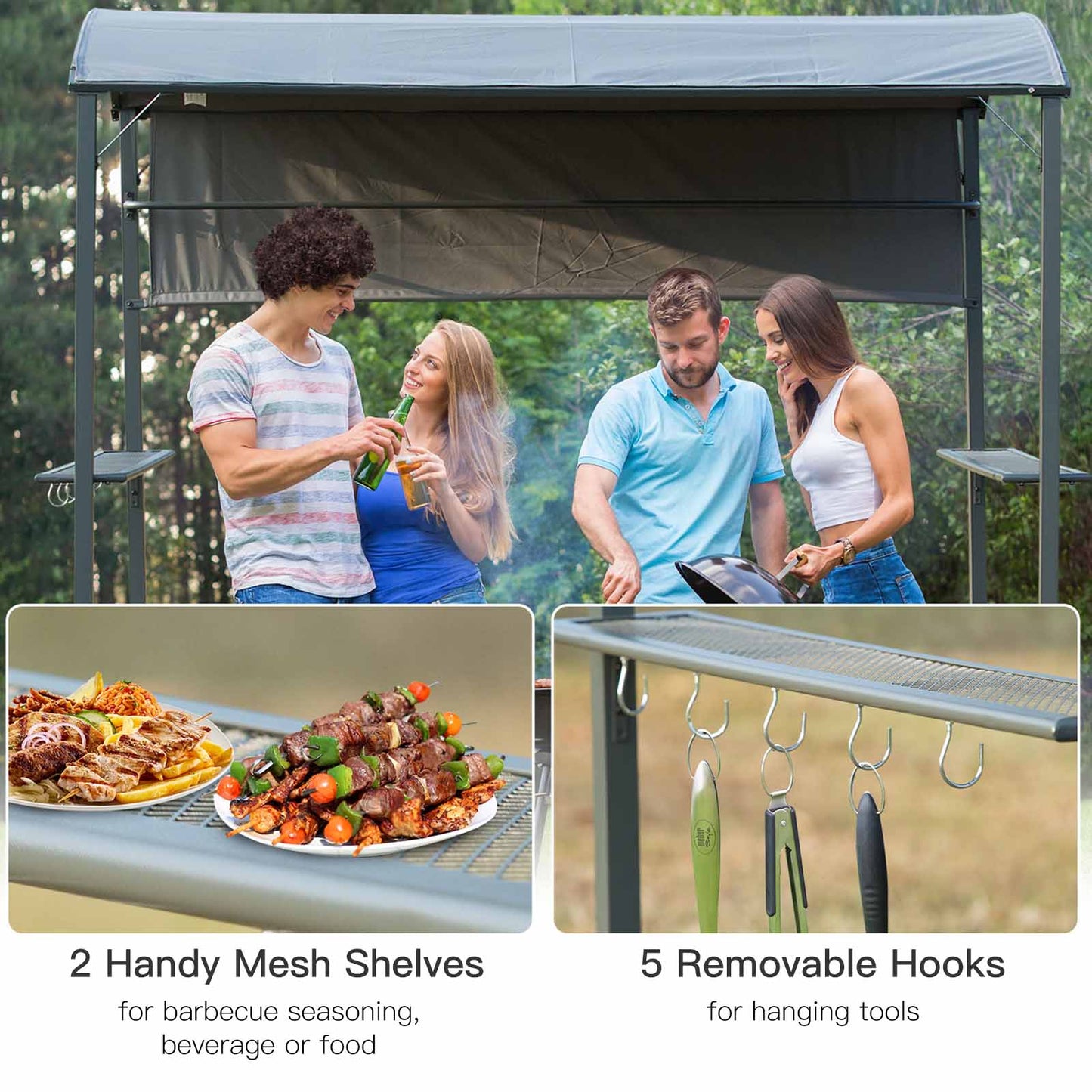 Outsunny Grillpavillon mit Flammschutzdach, BBQ-Pavillon mit 2 Ablagen, Polyester, Schwarz, 218 x 138 x 216 cm