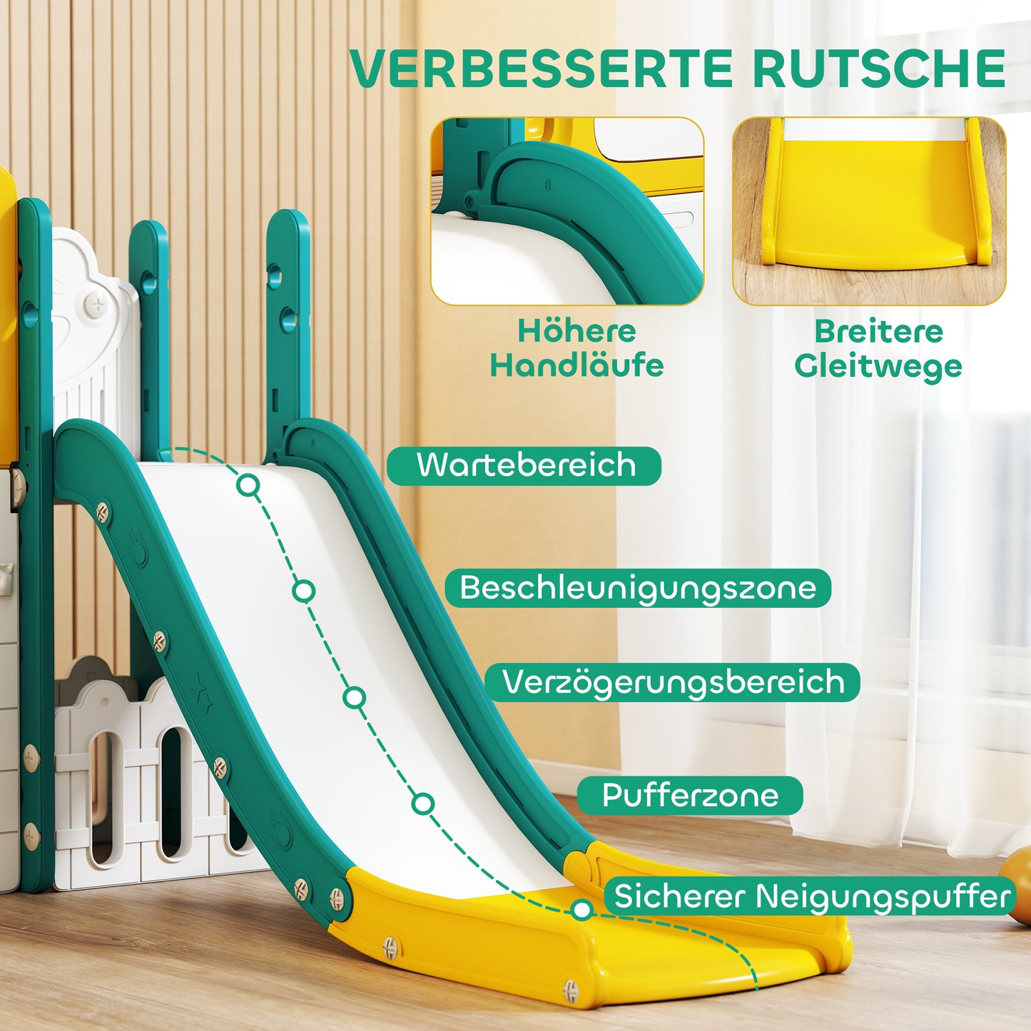 AIYAPLAY 9-in-1 Rutschen- und Schaukelset für Kleinkinder, mit Basketballkorb, Teleskop, Zeichenbrett, Frosch-Design, Gelb+Grün
