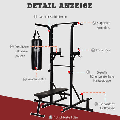 HOMCOM Kraftstation mit Klimmzugstange, Multifunktionale Dip-Station, Trainings-Gerät für Zuhause, mit Boxsack, Fitness, Stahl, Schwarz, 180 x 183 x 219 cm