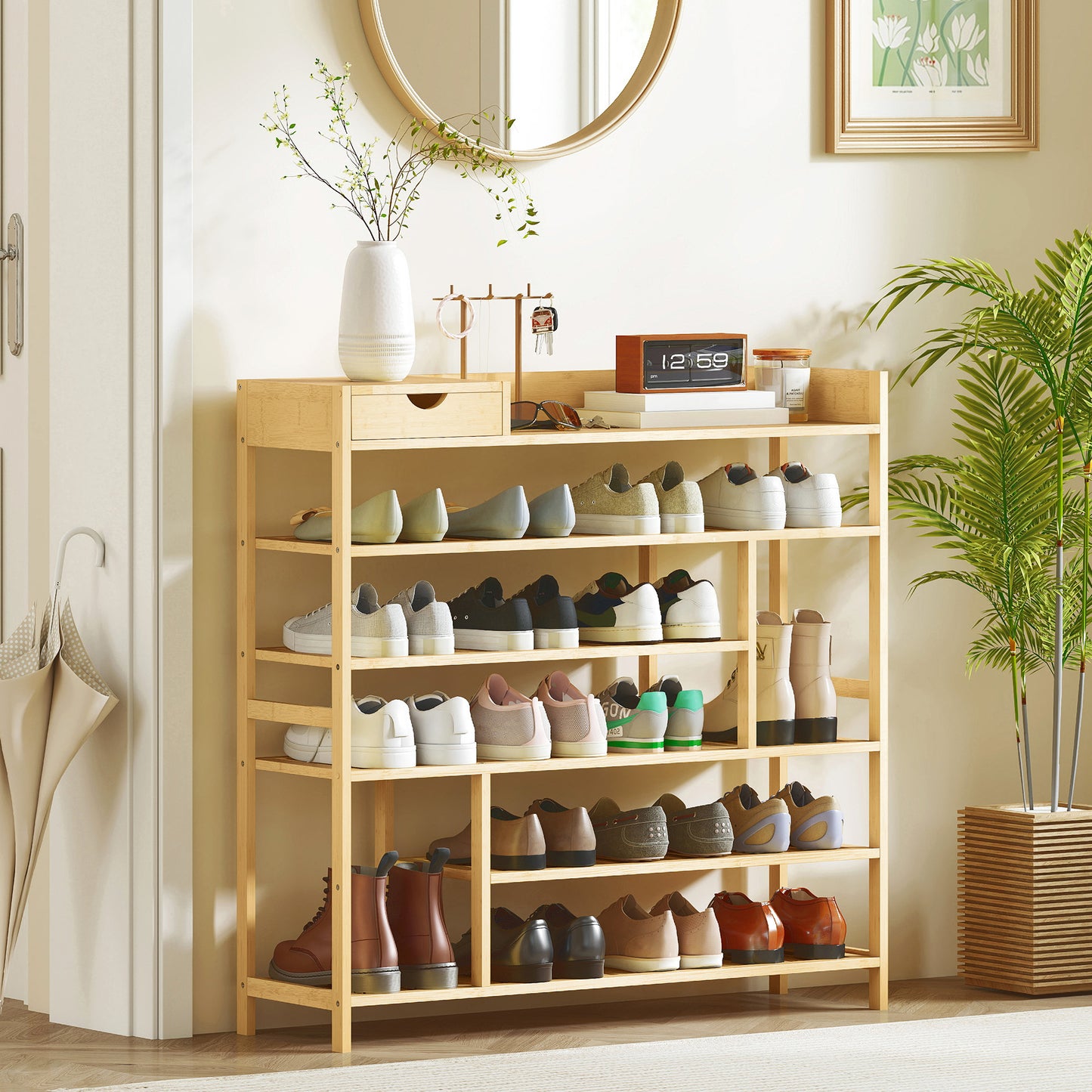 HOMCOM Schuhregal, Schuhständer mit 6 Ebenen, Schublade aus Bambus, für max. 18 Paar Schuhe, Schuhablage für Eingang, Schlafzimmer, 101 x 30 x 100 cm, Natur