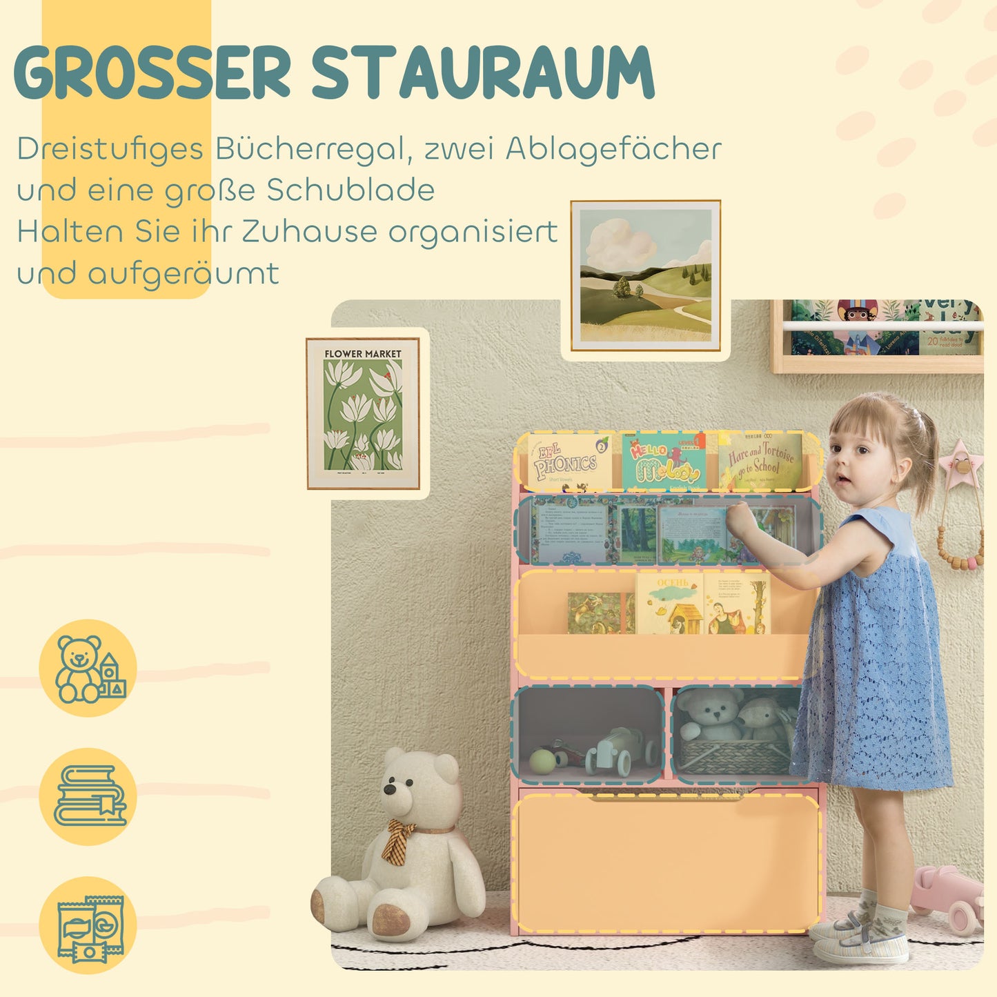 HOMCOM Kinderregal mit Schublade, Bücherregal mit Fächern, 60 x 29,9 x 90 cm, Rosa