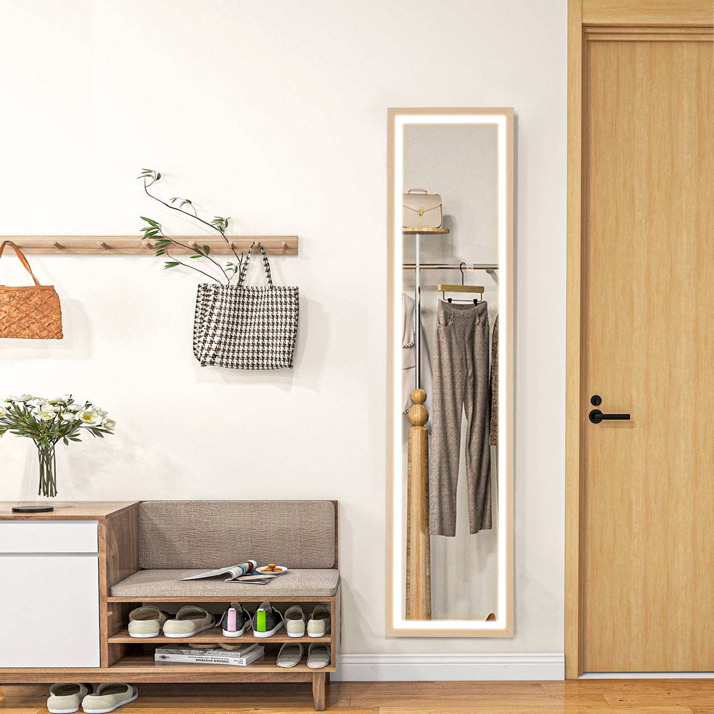 HOMCOM LED Ganzkörperspiegel, 40 x 160 cm, Touch-Steuerung, dimmbar, 3 Farben, Eiche