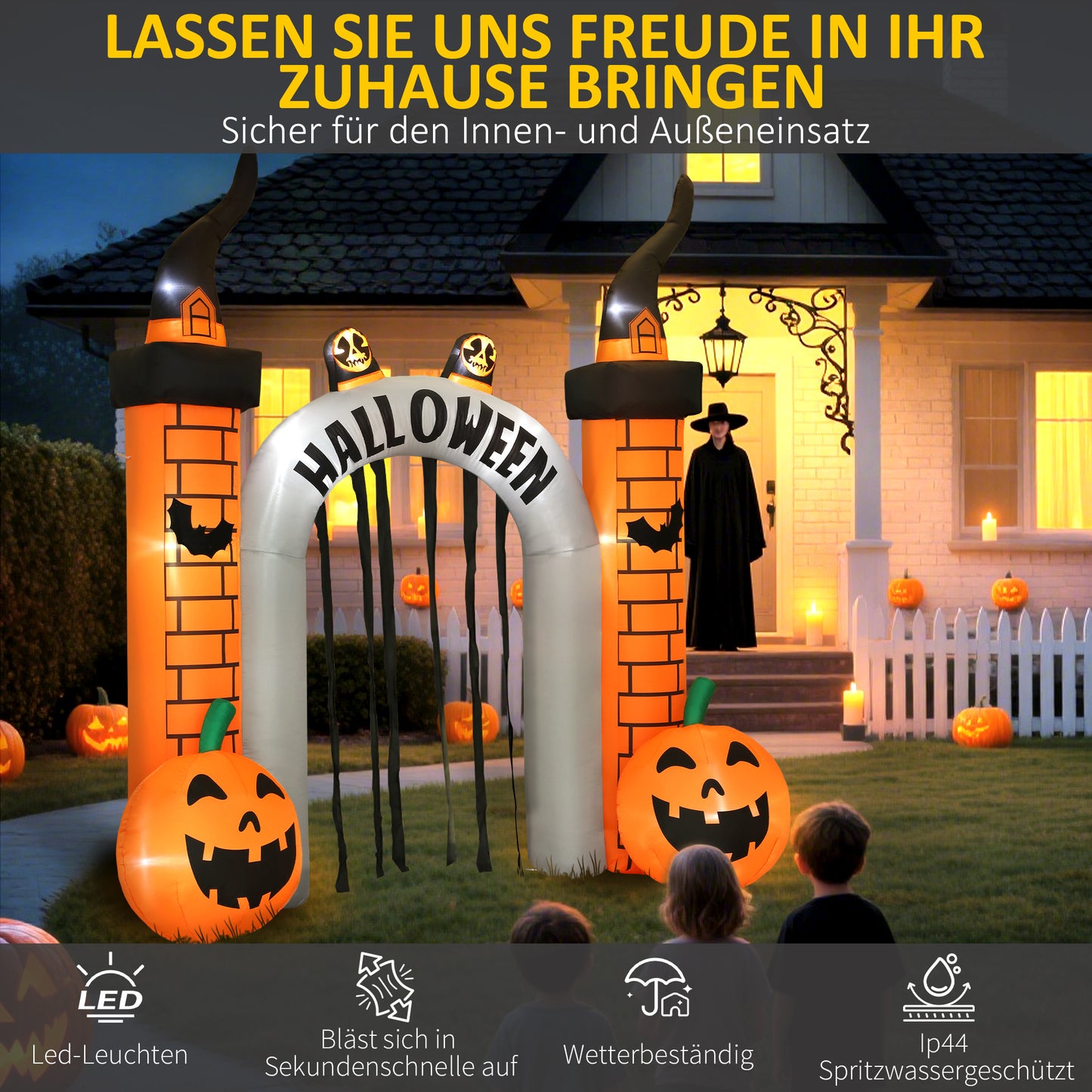 Outsunny Aufblasbarer Halloween-Torbogen, Kürbis-Design, LEDs, Heringe, Polyester