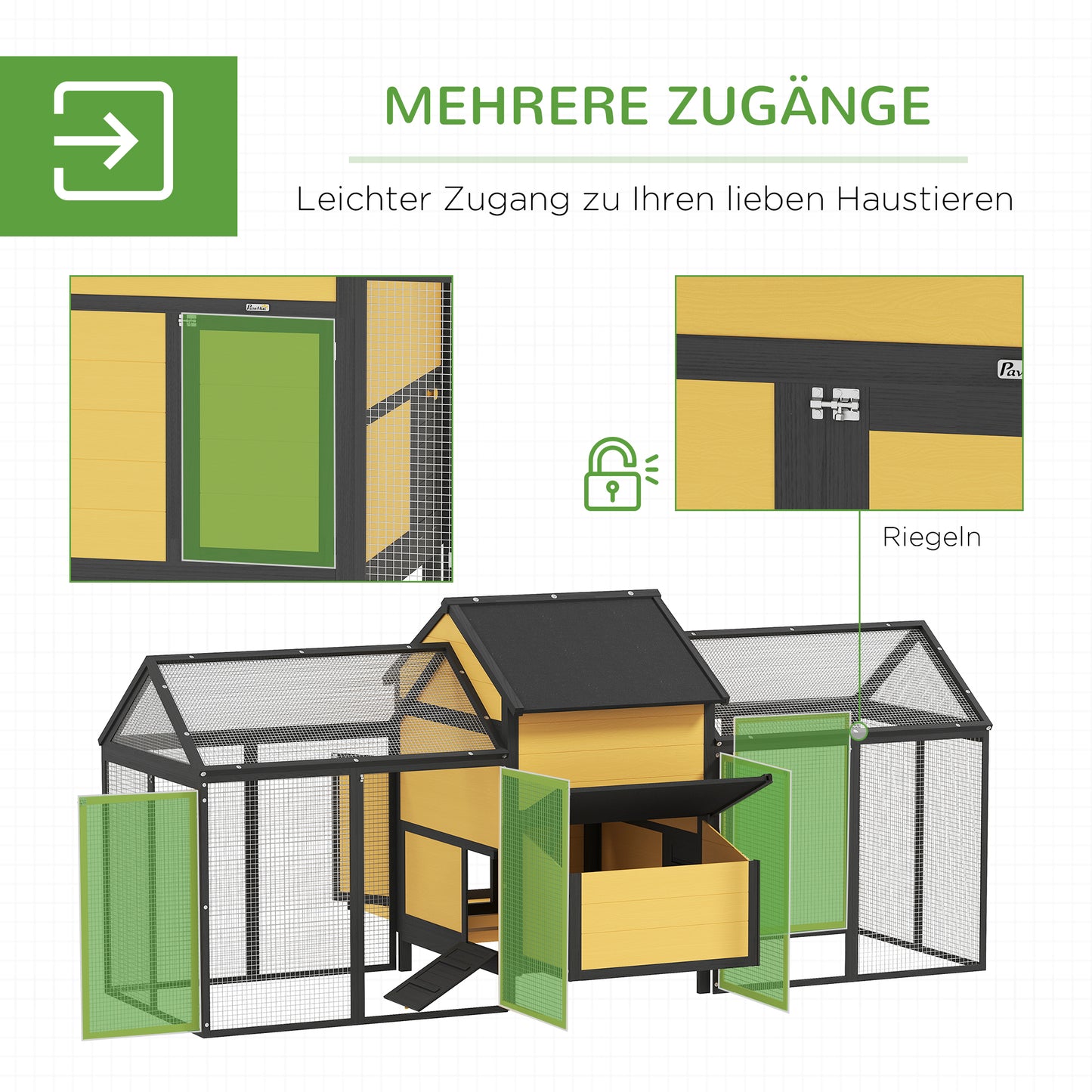 PawHut Hühnerstall Kleintierstall 2 Außengehege, 1 Nistkasten, 2 Rampen, Asphaltdach, wetterbeständig, Gelb
