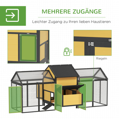PawHut Hühnerstall Kleintierstall 2 Außengehege, 1 Nistkasten, 2 Rampen, Asphaltdach, wetterbeständig, Gelb