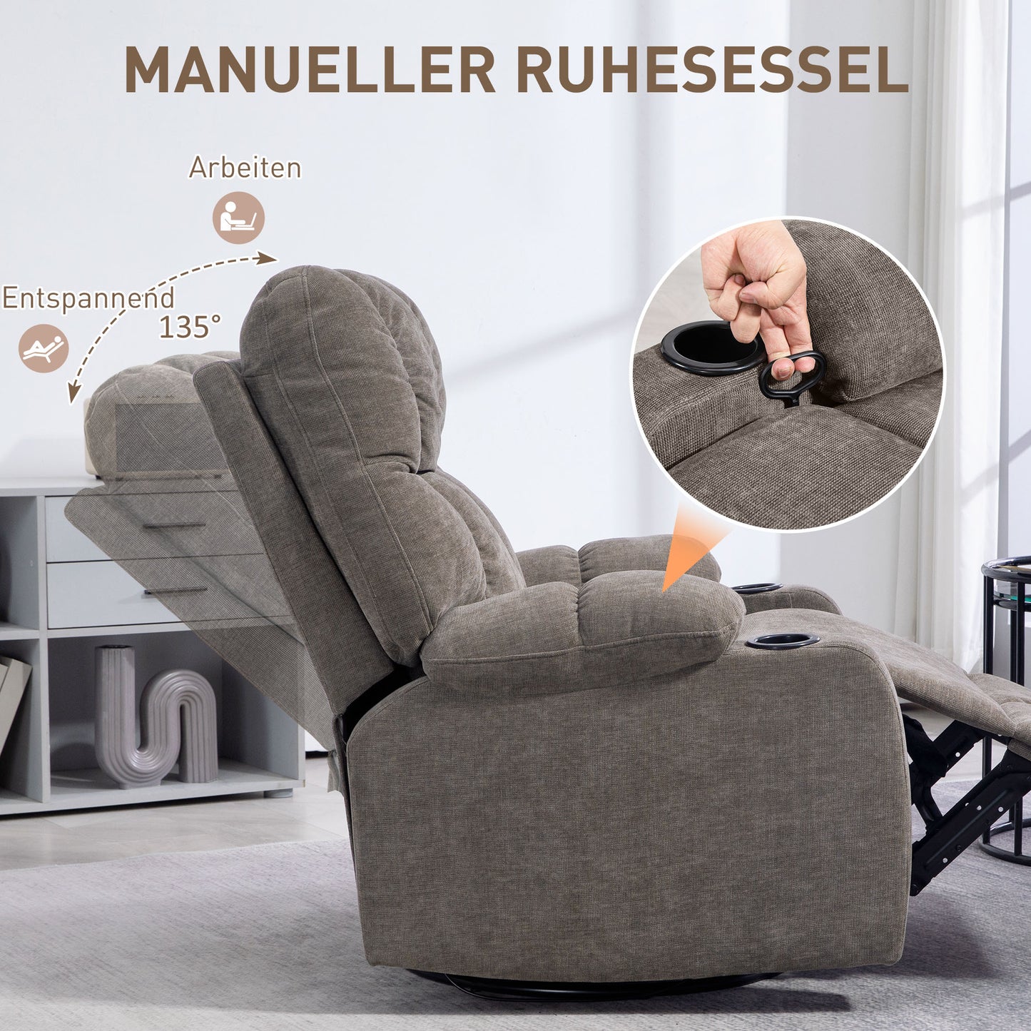 HOMCOM Relaxsessel mit Fußstütze, Loungesessel modern, drehbar, bis 150 kg, Stahlrahmen, 88x96x108cm, Hellbraun