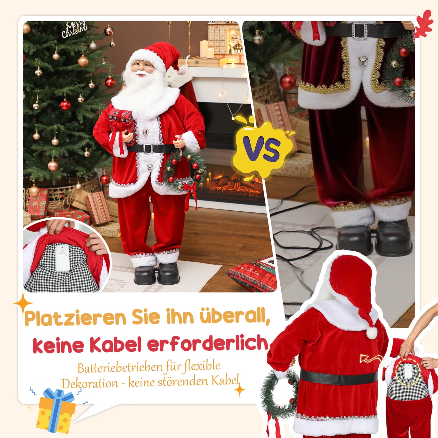 HOMCOM Weihnachtsmann, Weihnachts-Dekoration, 120 cm, biegsame Arme, mit Geschenk & Weihnachtskranz, Geräuschaktivierung, Rot