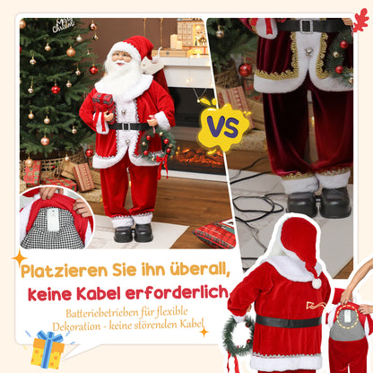 HOMCOM Weihnachtsmann, Weihnachts-Dekoration, 120 cm, biegsame Arme, mit Geschenk & Weihnachtskranz, Geräuschaktivierung, Rot