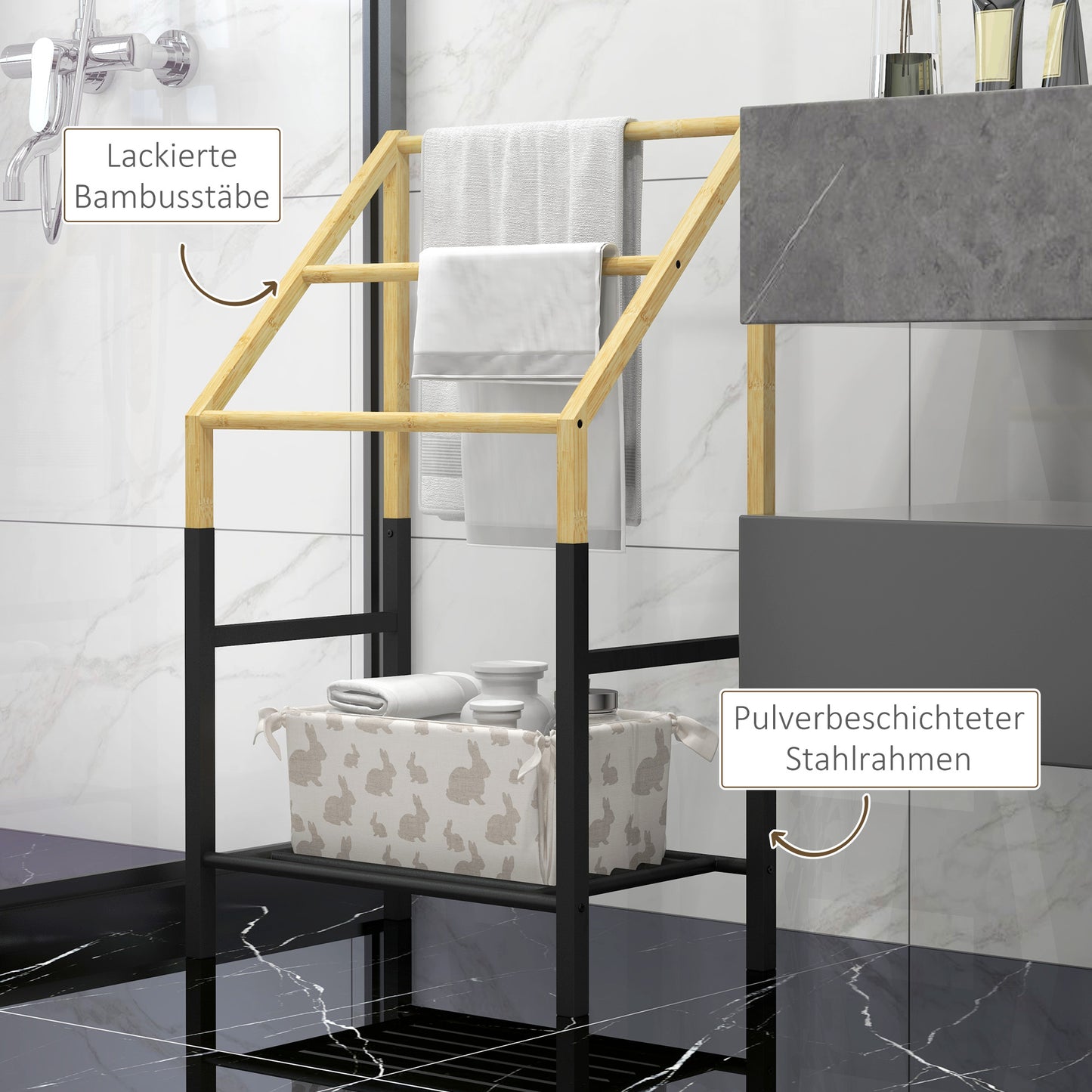 HOMCOM Handtuchhalter, freistehend, 3 Stangen, 51x31x85,5cm, Schwarz/Naturholz