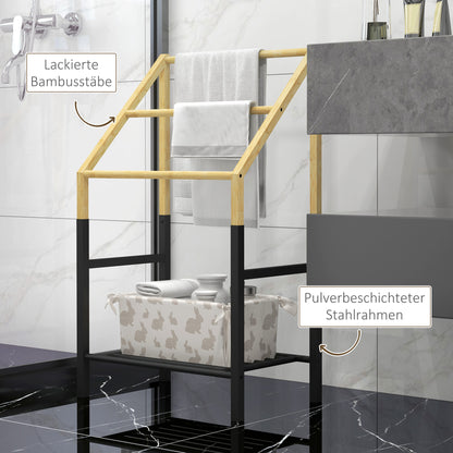 HOMCOM Handtuchhalter, freistehend, 3 Stangen, 51x31x85,5cm, Schwarz/Naturholz