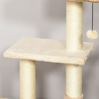 PawHut Rattan Katzenbaum Kratzbaum Kätzchen Möbel mit Katzenhöhle Ballspielzeug Sisal weiche Plüsch PE Höhe 108 cm Braun+Beige