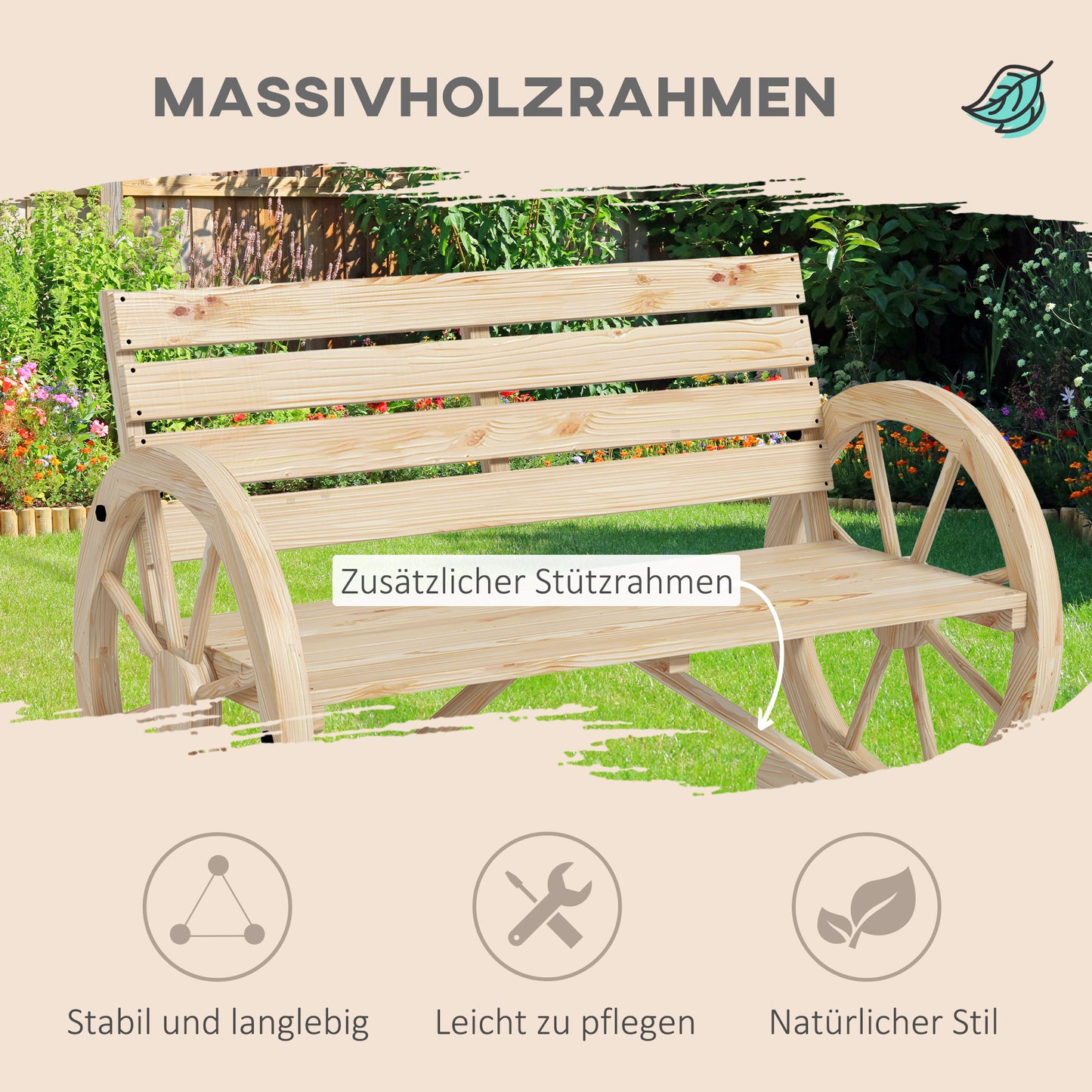 Outsunny Gartenbank, Wagenrad-Design, für 2 Personen, Naturholz, dunkelbraun, 105,5 x 56 x 79 cm, Natur