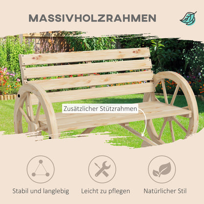 Outsunny Gartenbank, Wagenrad-Design, für 2 Personen, Naturholz, dunkelbraun, 105,5 x 56 x 79 cm, Natur