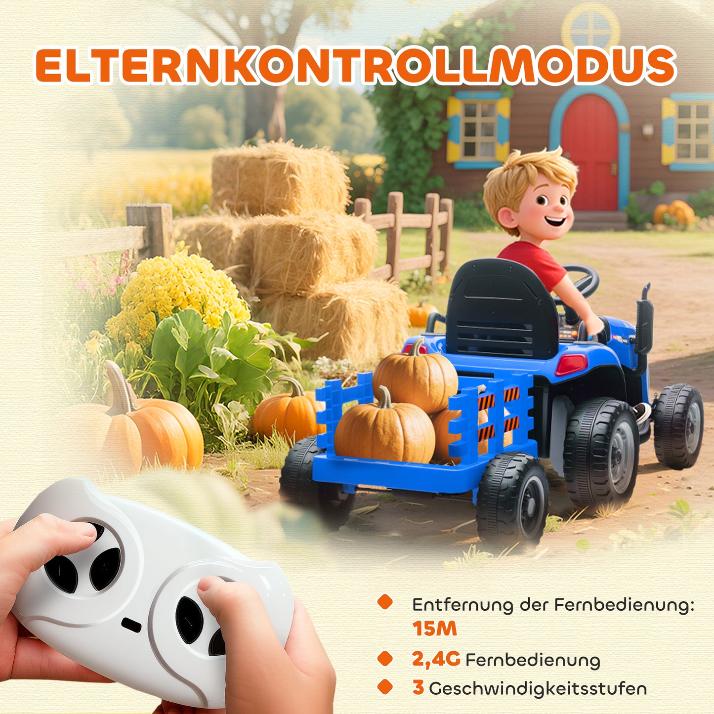 AIYAPLAY Elektrischer Kindertraktor, Aufsitz-Traktor mit Fernbedienung, Soft-Start, für Kinder im Alter von 3-8 Jahren, Blau