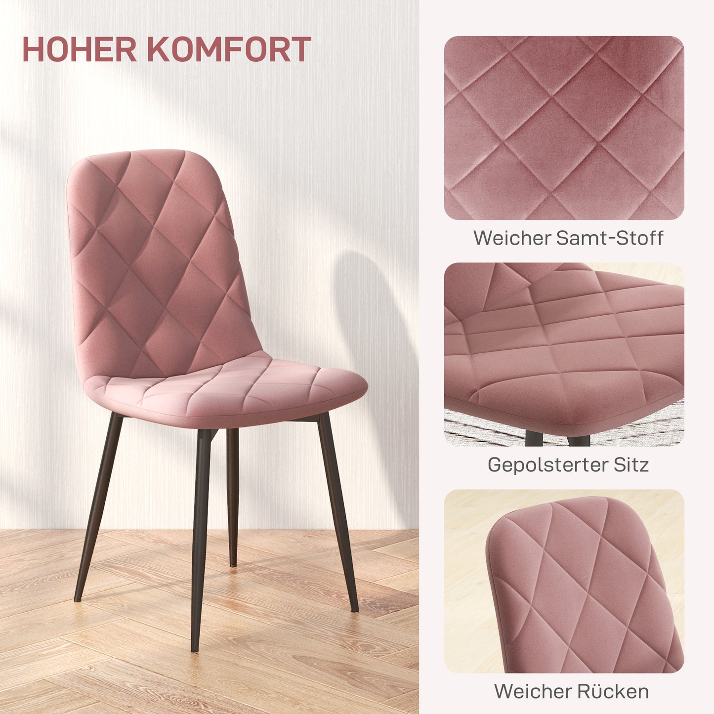 HOMCOM Esszimmerstühle 4er Set Küchenstuhl mit Rückenlehne, Samtoptik, Sessel 45 x 54 x 87 cm Rosa