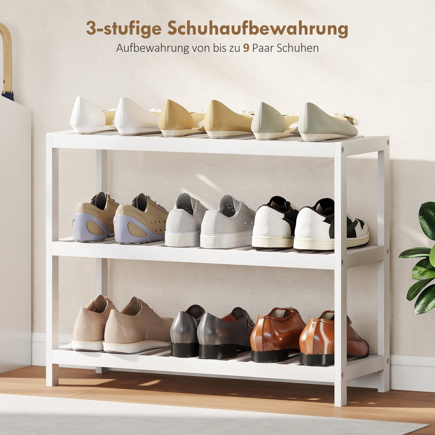 HOMCOM 3-stufiges Bambusregal, Schuhregal, Aufbewahrungsregal, lackierte Oberfläche, Weiß